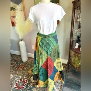 Artisan Nepal Cotton Patchwork Wrap Skirt- Green Mushroom